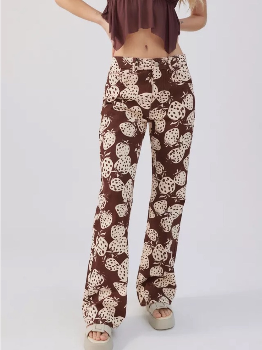 BDG '90s Mid-Rise Bootcut Jean Brown Strawberry-Print Wide Leg Denim